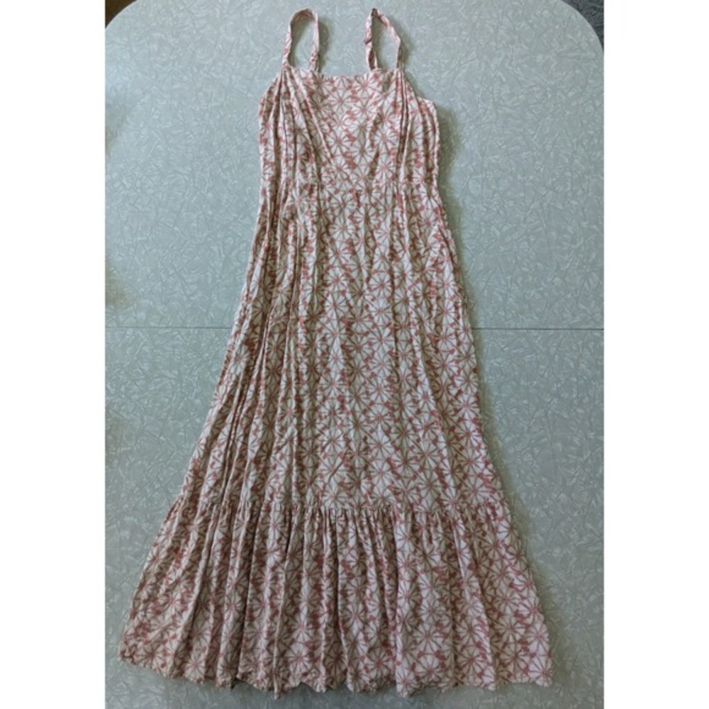 Gap Size 2 Coral Geometric Floral Maxi Dress Smocked Sleeveless Cottage Boho